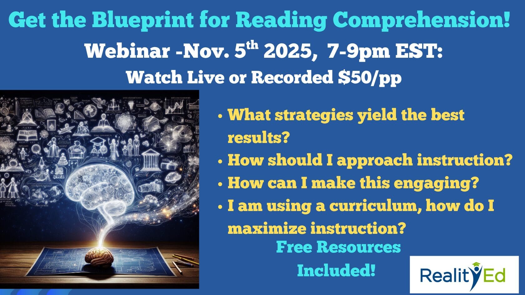 Blue promotional poster advertising reading comprehension webinar.